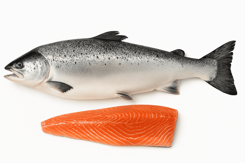 Whole Norwegian salmon fish with boneless fillet, seafood buyers in Pakistan